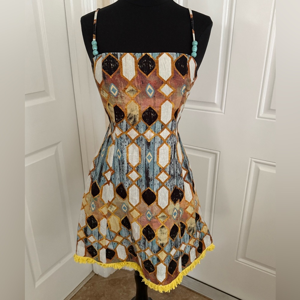 $495 CHRISTIAN LACROIX Linen Printed Mini Alexis Fringe Embellished Dress XXS